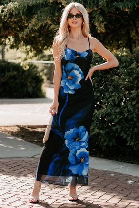 Chic Uprising Sleeveless Floral Maxi Dress (Black/Blue) Bow-Detail Season Ready