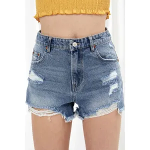 Style Up - Mom Fit High Waisted Denim Frayed Hem Shorts