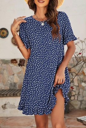 LEOPARD PRINTING RUFFLED SHORT SLEEVE DRESS Skin Glow Polite Tone