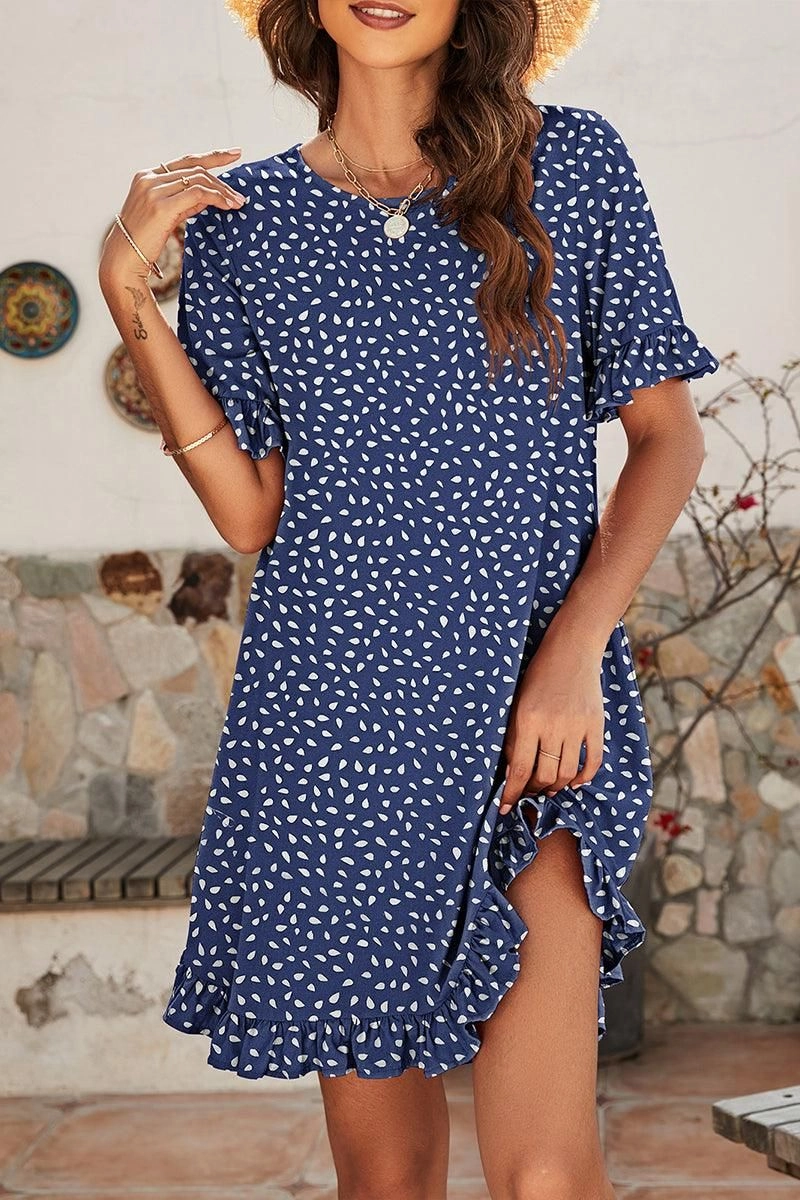 Pastel-Tone LEOPARD PRINTING RUFFLED SHORT SLEEVE DRESS