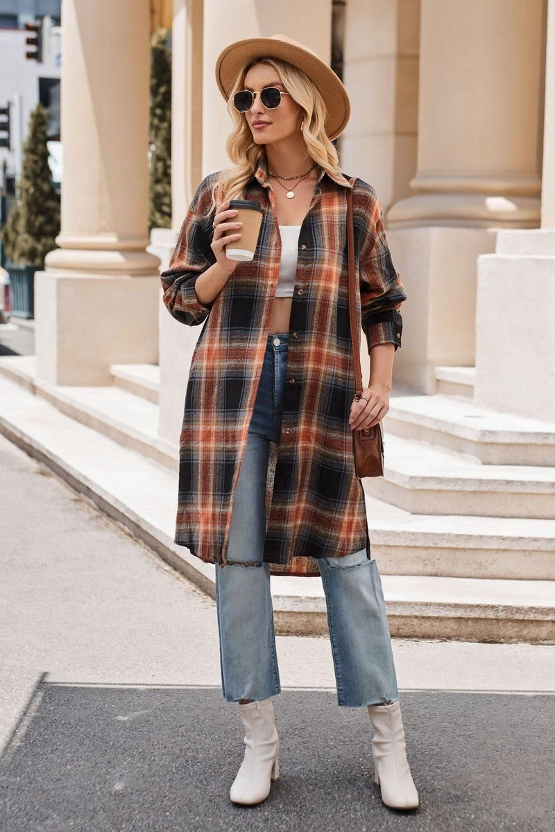 Simple Shirt Breathable Knit Fabric WOMEN CLASSIC PLAID PATTERN LONG LENGTH SHACKET