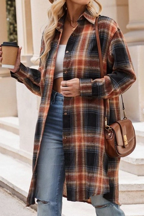 WOMEN CLASSIC PLAID PATTERN LONG LENGTH SHACKET Contrast Topstitching Detail