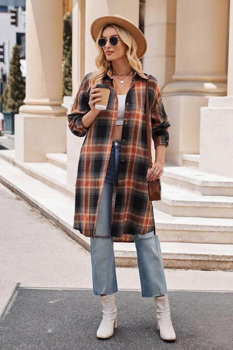 RecycledBlend WOMEN CLASSIC PLAID PATTERN LONG LENGTH SHACKET