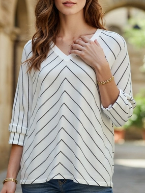 STYLISH COMMUTER STRIPED KNITWEAR LADY Adaptive Waistband
