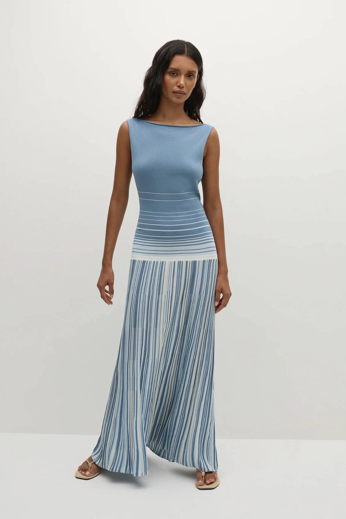 Xyla Maxi Dress Accordion Stripe Mineral Blue Flattering Waistband Soft Tone