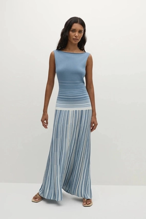 Xyla Maxi Dress Accordion Stripe Mineral Blue Flattering Waistband Soft Tone
