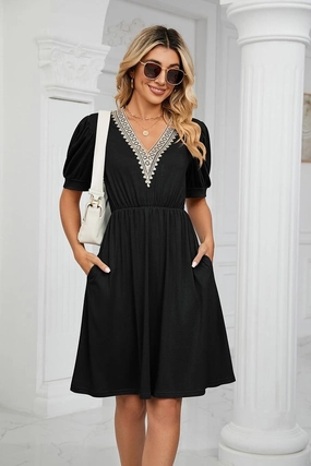 Skin Tone All Inclusive POCKET LACE V NECK BELTED SHORT SLEEVE DRESS