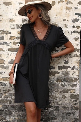 Collar Accent Perfectly Crafted LACE POINT V NECK FLARE PUFF DRESS