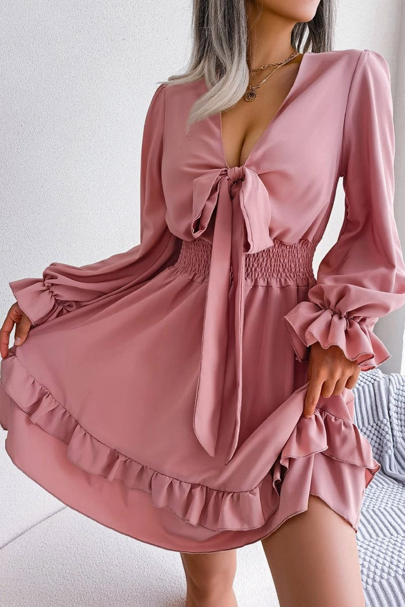 CASUAL DEEP V TIE UP WOODEN EAR SIDE SWING DRESS_CWDSD3014 Recycled-Material Comfy and Chic