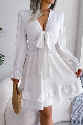 TaglessDesign CASUAL DEEP V TIE UP WOODEN EAR SIDE SWING DRESS_CWDSD3014