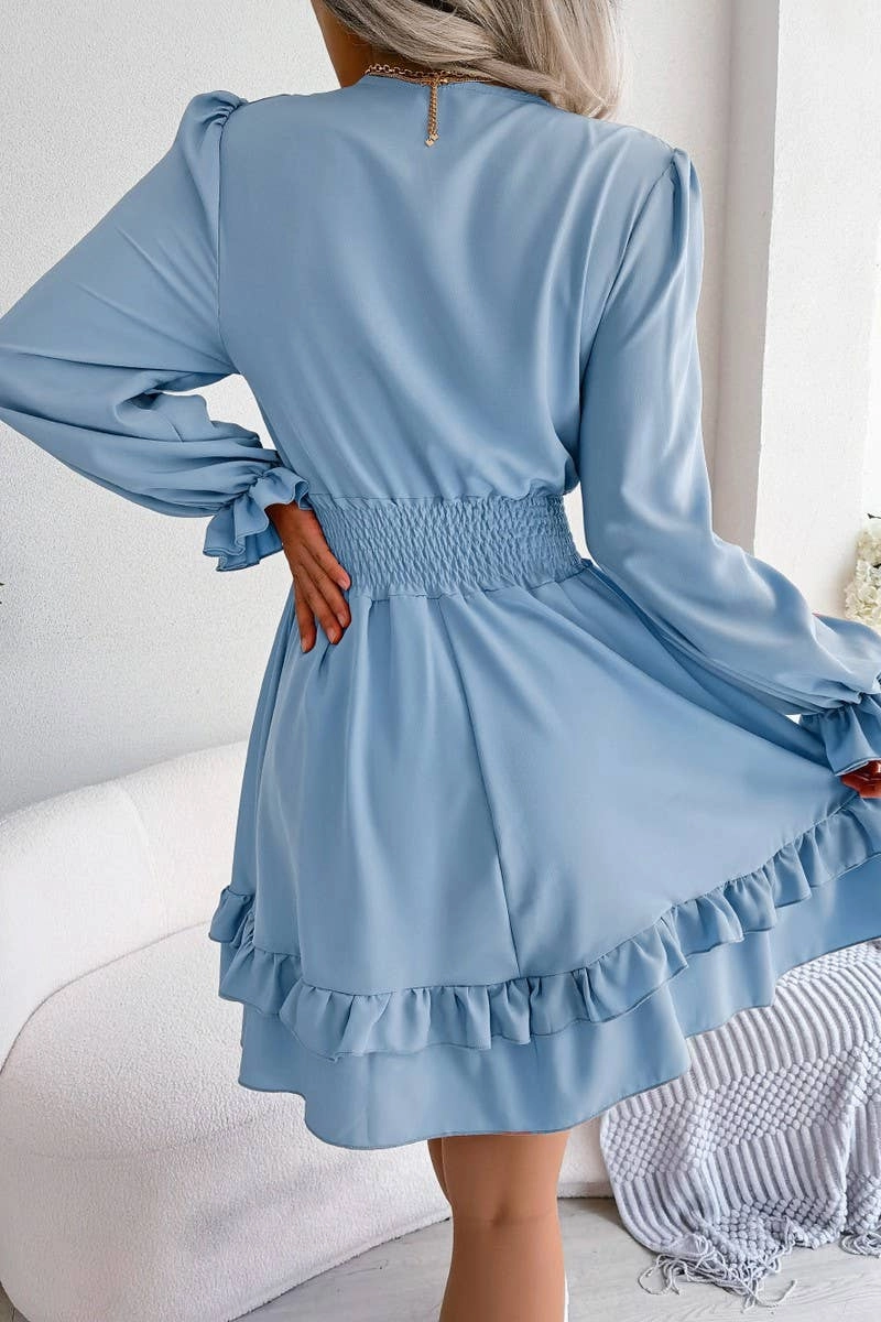Sophisticated Tailoring Bold Simplicity CASUAL DEEP V TIE UP WOODEN EAR SIDE SWING DRESS_CWDSD3014