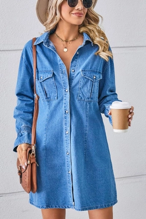 Wave Soft Calm Energy BELL SLEEVE LOOSE CARDIGAN DENIM SHIRT DRESS_CWDSD2576