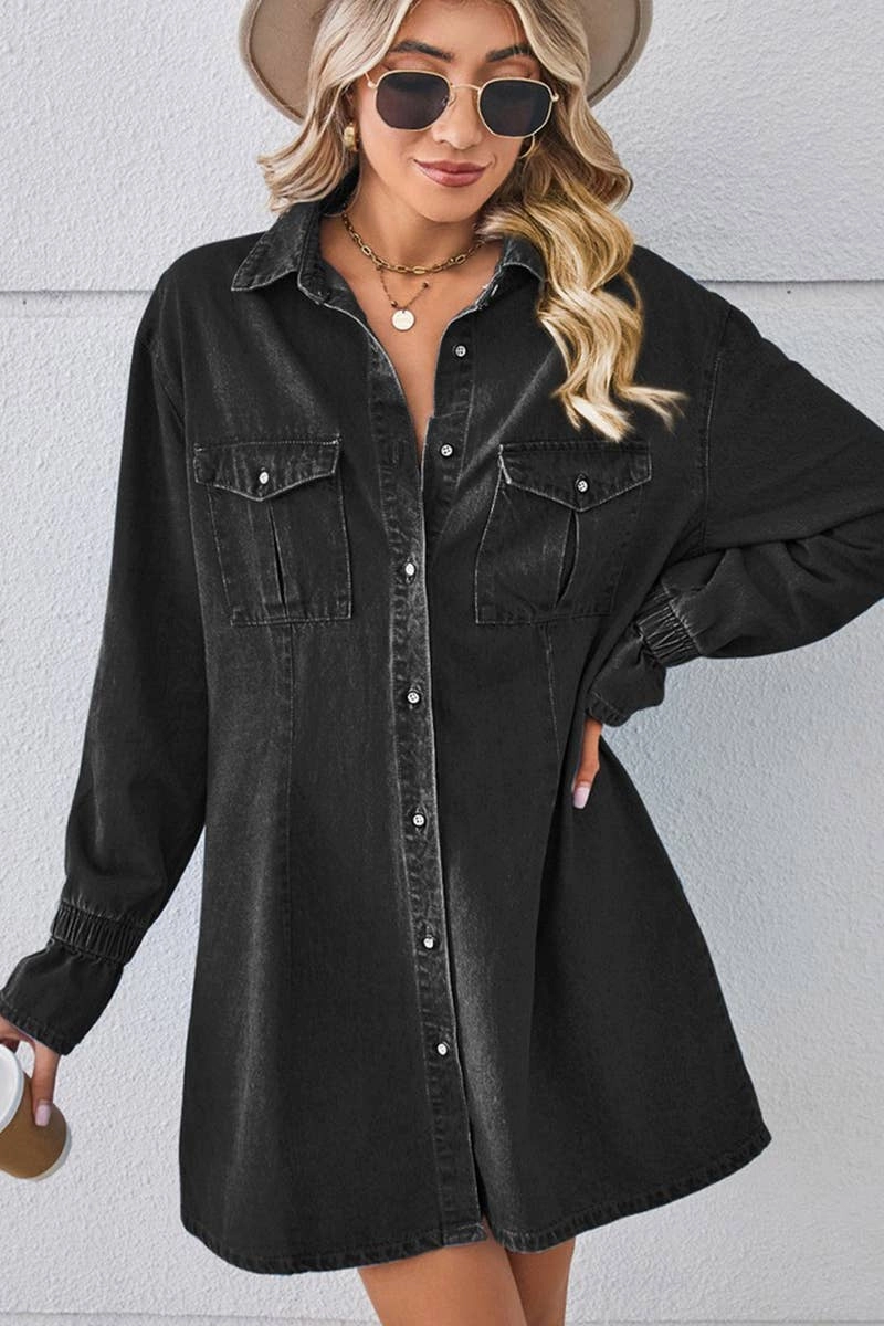 BELL SLEEVE LOOSE CARDIGAN DENIM SHIRT DRESS_CWDSD2576 Crisp Detail