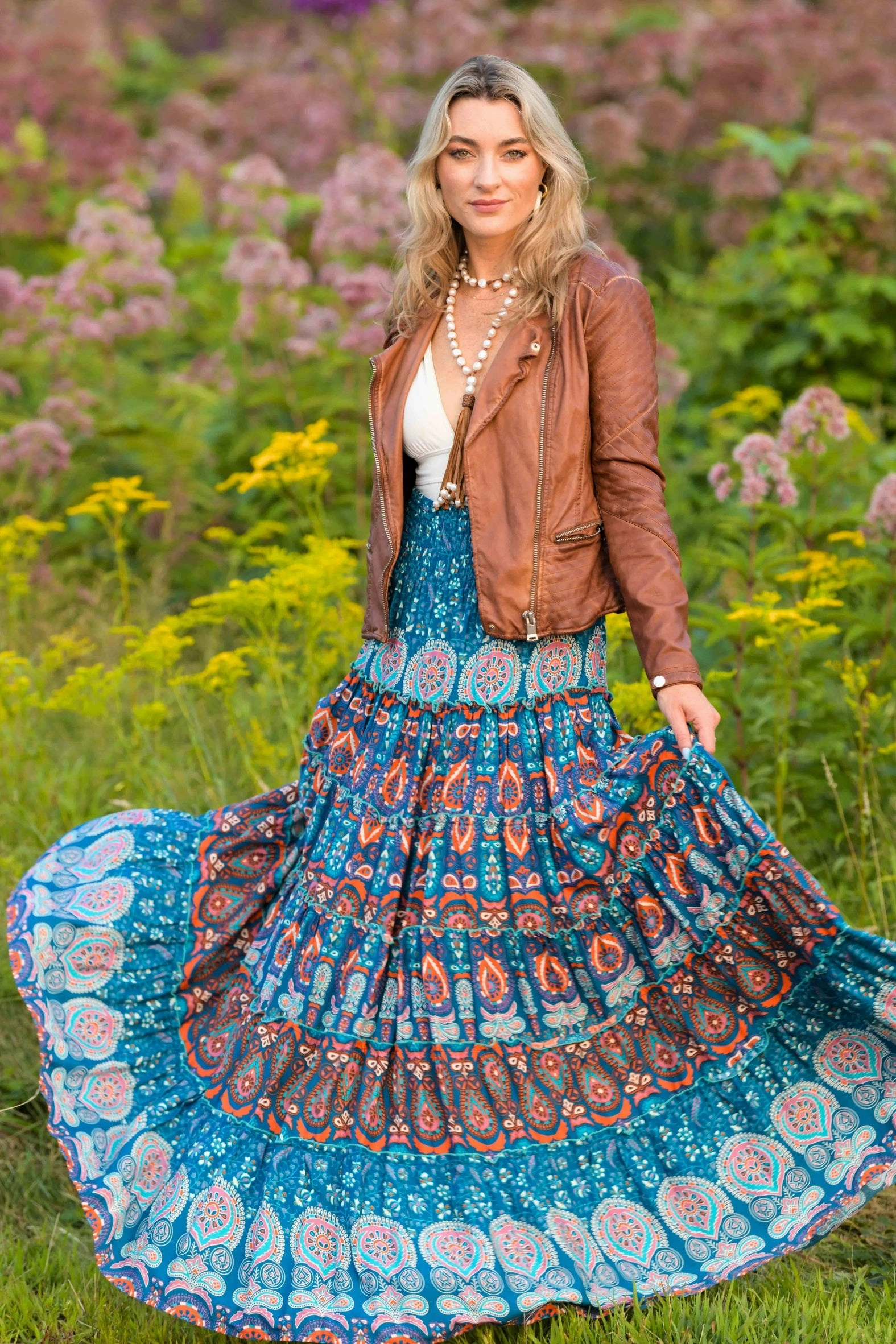 Sundance Maxi Skirt / Orange Teal Side Slit