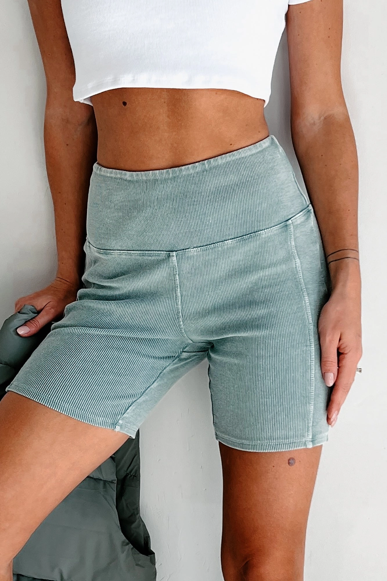 Staying In My Lane Ribbed Biker Short (Sage) Wide Range Motion