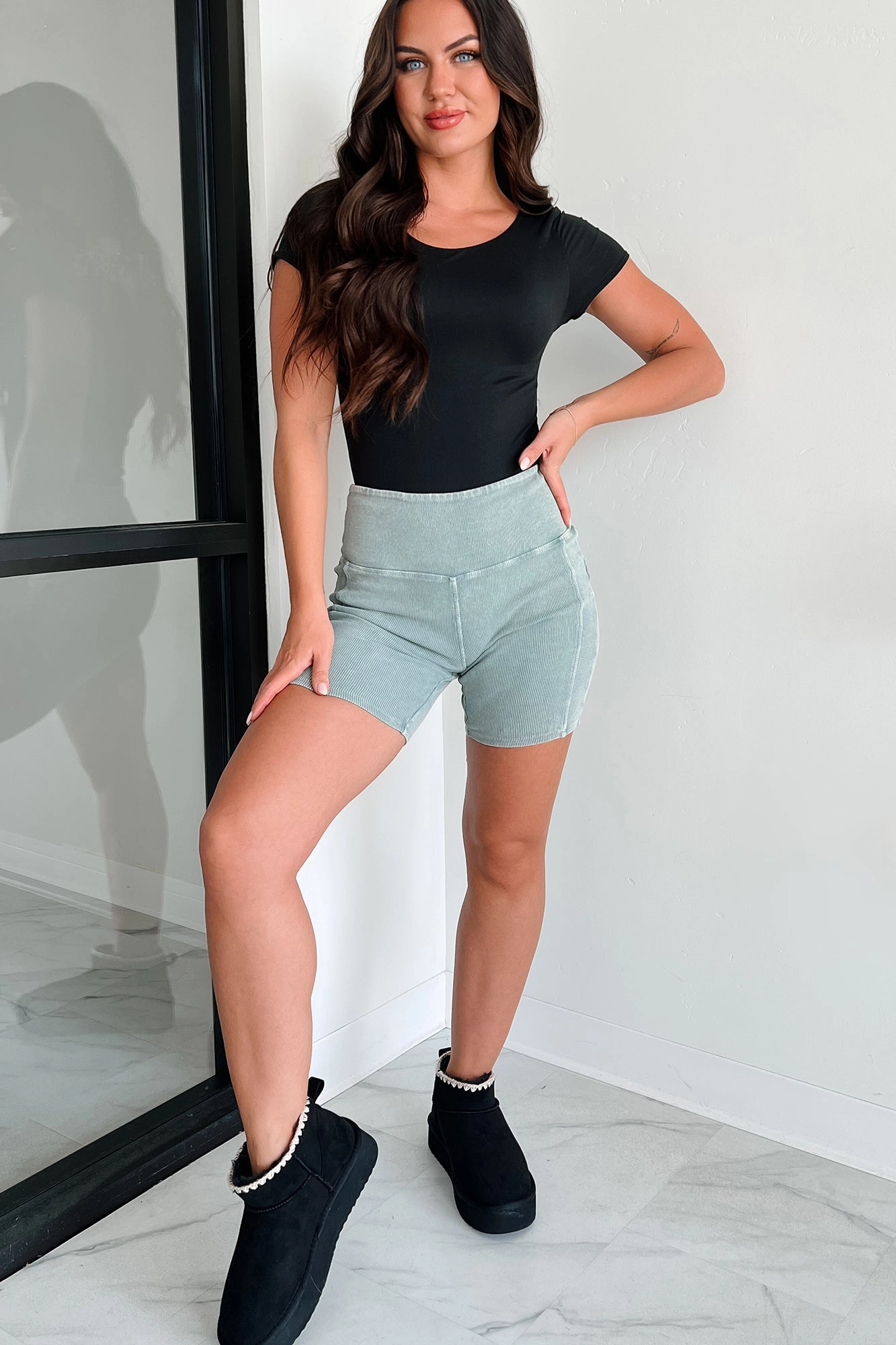 Staying In My Lane Ribbed Biker Short (Sage) Hidden Storage Compartment cycling attire