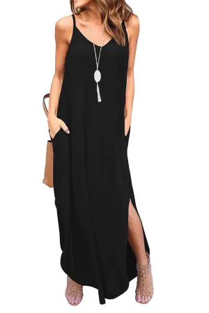 Summer Casual Loose Dress Beach Cover Up Long Cami Maxi Dresses with Pocket Black Navy Blue Dark Gray