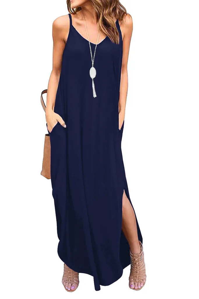 Summer Casual Loose Dress Beach Cover Up Long Cami Maxi Dresses with Pocket Black Navy Blue Dark Gray