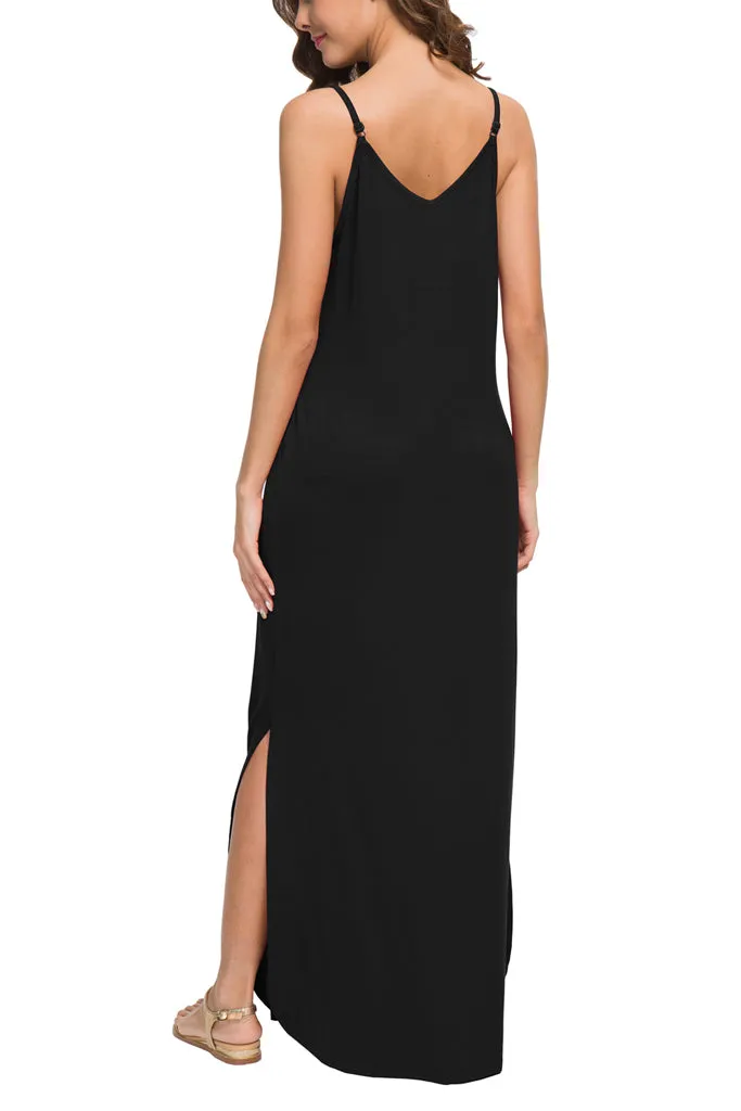 Summer Casual Loose Dress Beach Cover Up Long Cami Maxi Dresses with Pocket Black Navy Blue Dark Gray