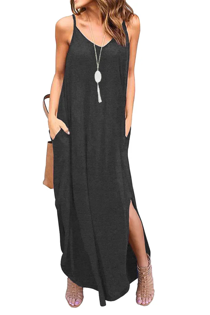 Summer Casual Loose Dress Beach Cover Up Long Cami Maxi Dresses with Pocket Black Navy Blue Dark Gray