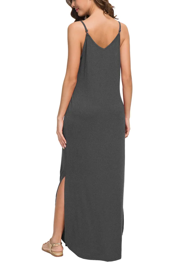 Summer Casual Loose Dress Beach Cover Up Long Cami Maxi Dresses with Pocket Black Navy Blue Dark Gray