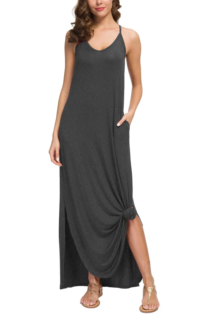 Summer Casual Loose Dress Beach Cover Up Long Cami Maxi Dresses with Pocket Black Navy Blue Dark Gray