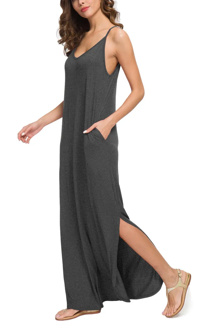 Summer Casual Loose Dress Beach Cover Up Long Cami Maxi Dresses with Pocket Black Navy Blue Dark Gray