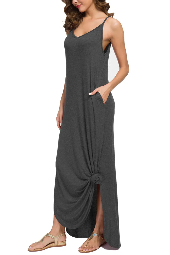 Summer Casual Loose Dress Beach Cover Up Long Cami Maxi Dresses with Pocket Black Navy Blue Dark Gray