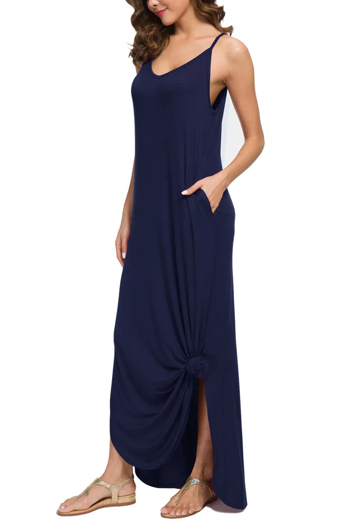 Summer Casual Loose Dress Beach Cover Up Long Cami Maxi Dresses with Pocket Black Navy Blue Dark Gray