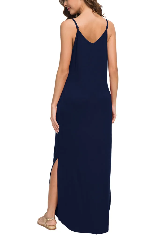 Summer Casual Loose Dress Beach Cover Up Long Cami Maxi Dresses with Pocket Black Navy Blue Dark Gray