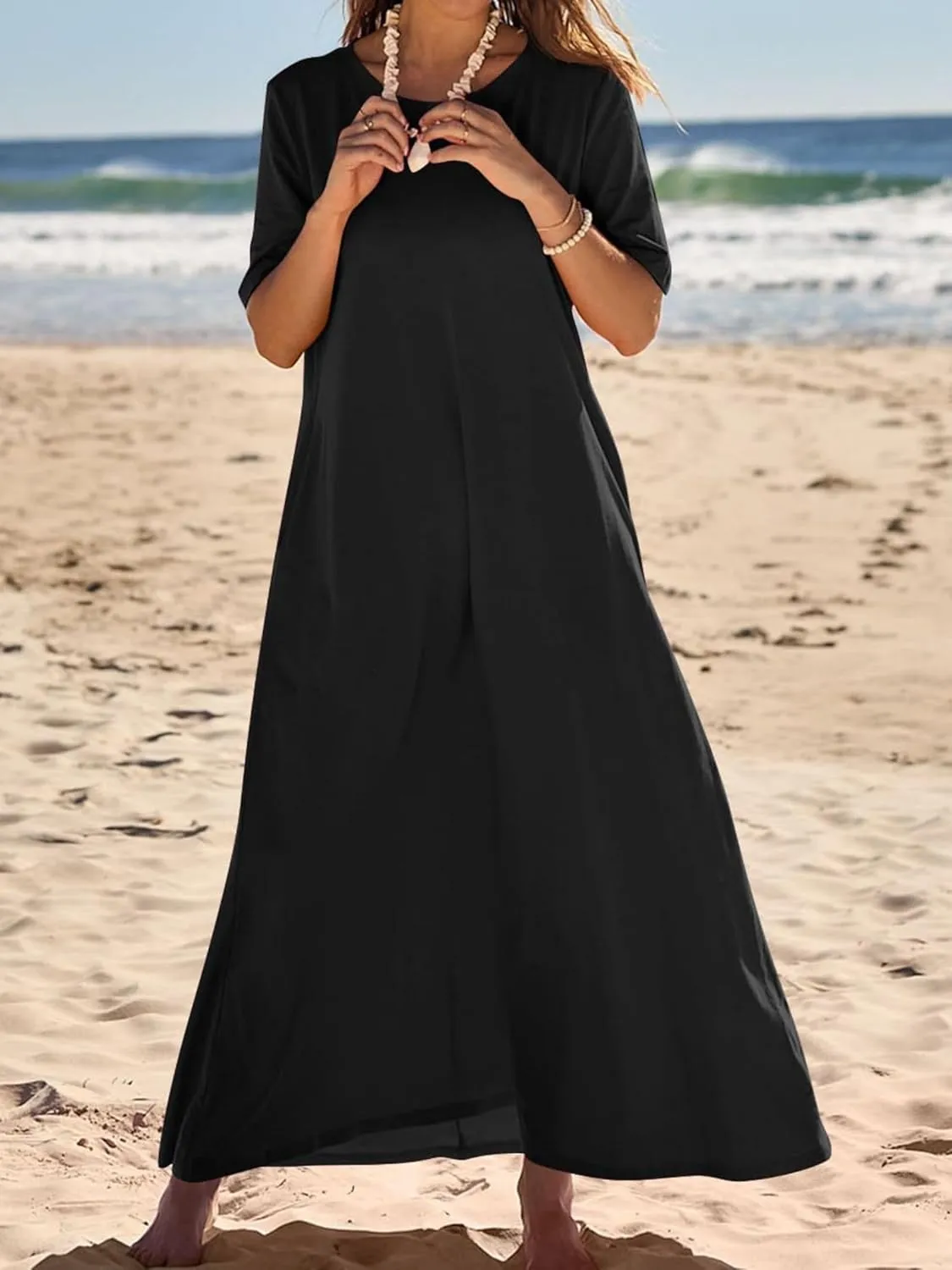 Summer Casual Short Sleeve Dress for Crewneck Aline Swing Flowy Tiered Shirt Lightweight Beach Long Dress