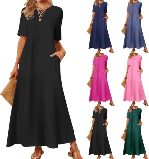 Summer Casual Short Sleeve Dress for Crewneck Aline Swing Flowy Tiered Shirt Lightweight Beach Long Dress