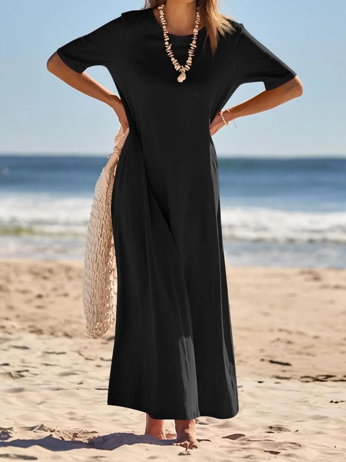 Summer Casual Short Sleeve Dress for Crewneck Aline Swing Flowy Tiered Shirt Lightweight Beach Long Dress
