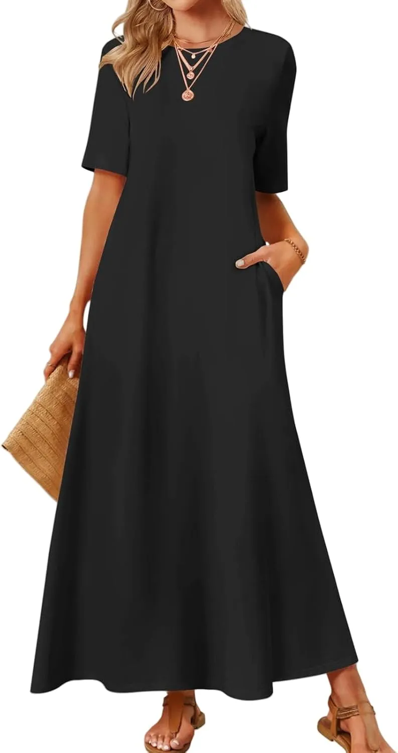 Summer Casual Short Sleeve Dress for Crewneck Aline Swing Flowy Tiered Shirt Lightweight Beach Long Dress