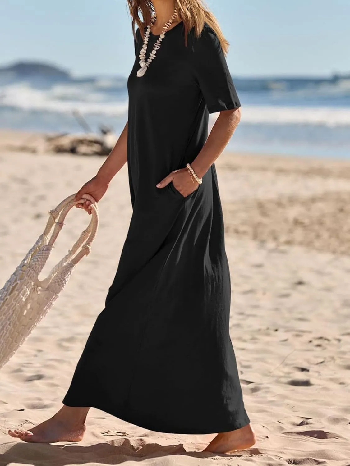 Summer Casual Short Sleeve Dress for Crewneck Aline Swing Flowy Tiered Shirt Lightweight Beach Long Dress