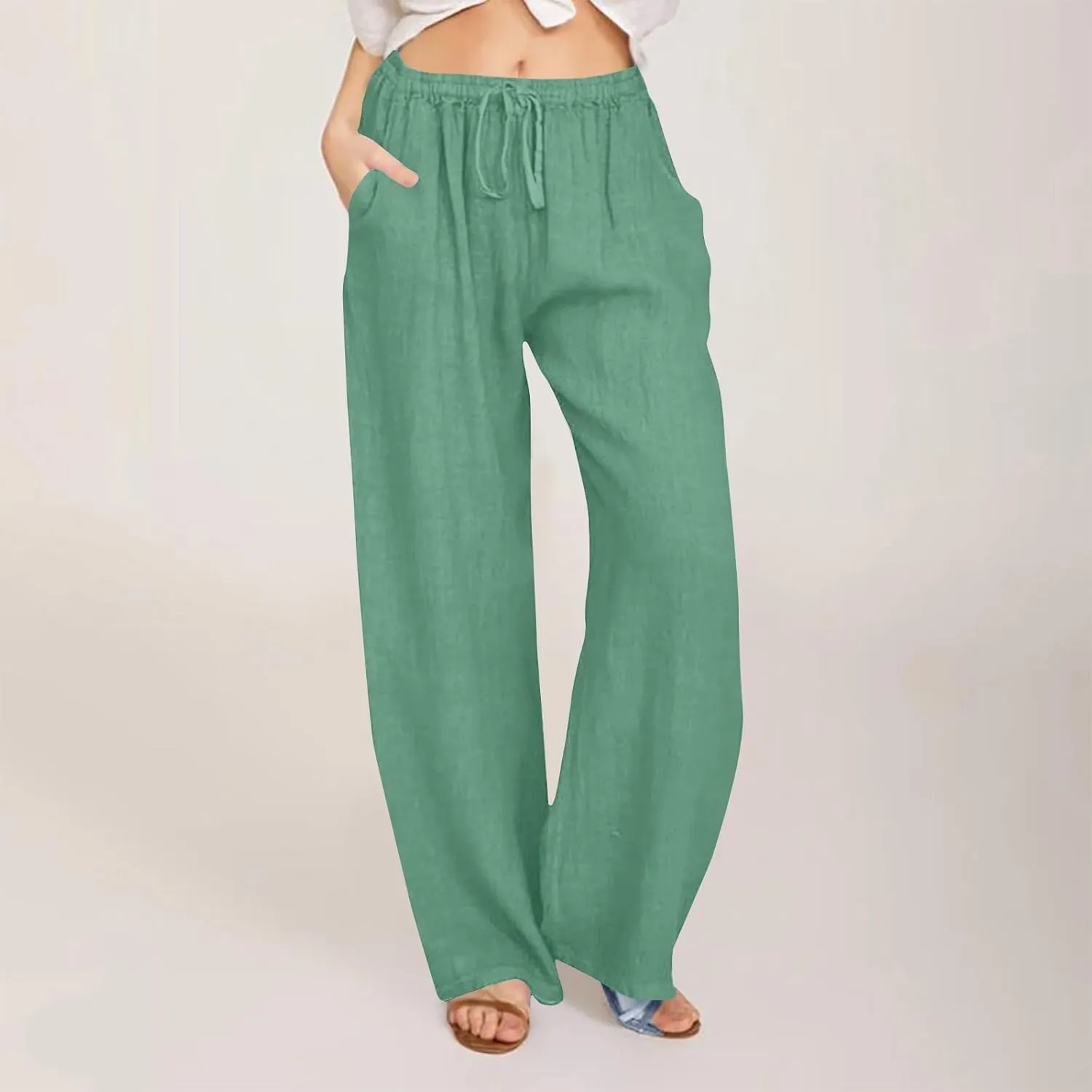 Summer Cotton Linen Pants for Women Loose Straight Leg Drawstring Trouser Casual Elastic Waist Long Pant with Pockets
