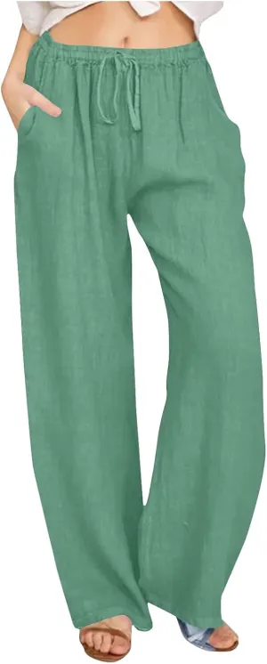Summer Cotton Linen Pants for Women Loose Straight Leg Drawstring Trouser Casual Elastic Waist Long Pant with Pockets