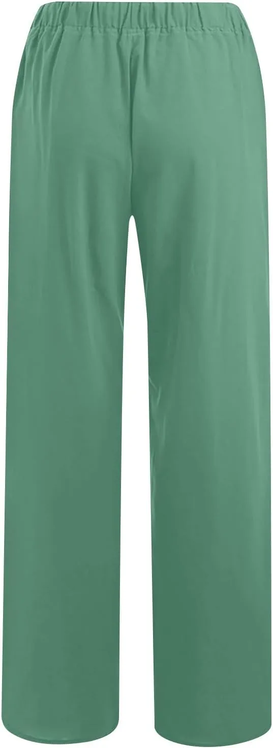 Summer Cotton Linen Pants for Women Loose Straight Leg Drawstring Trouser Casual Elastic Waist Long Pant with Pockets