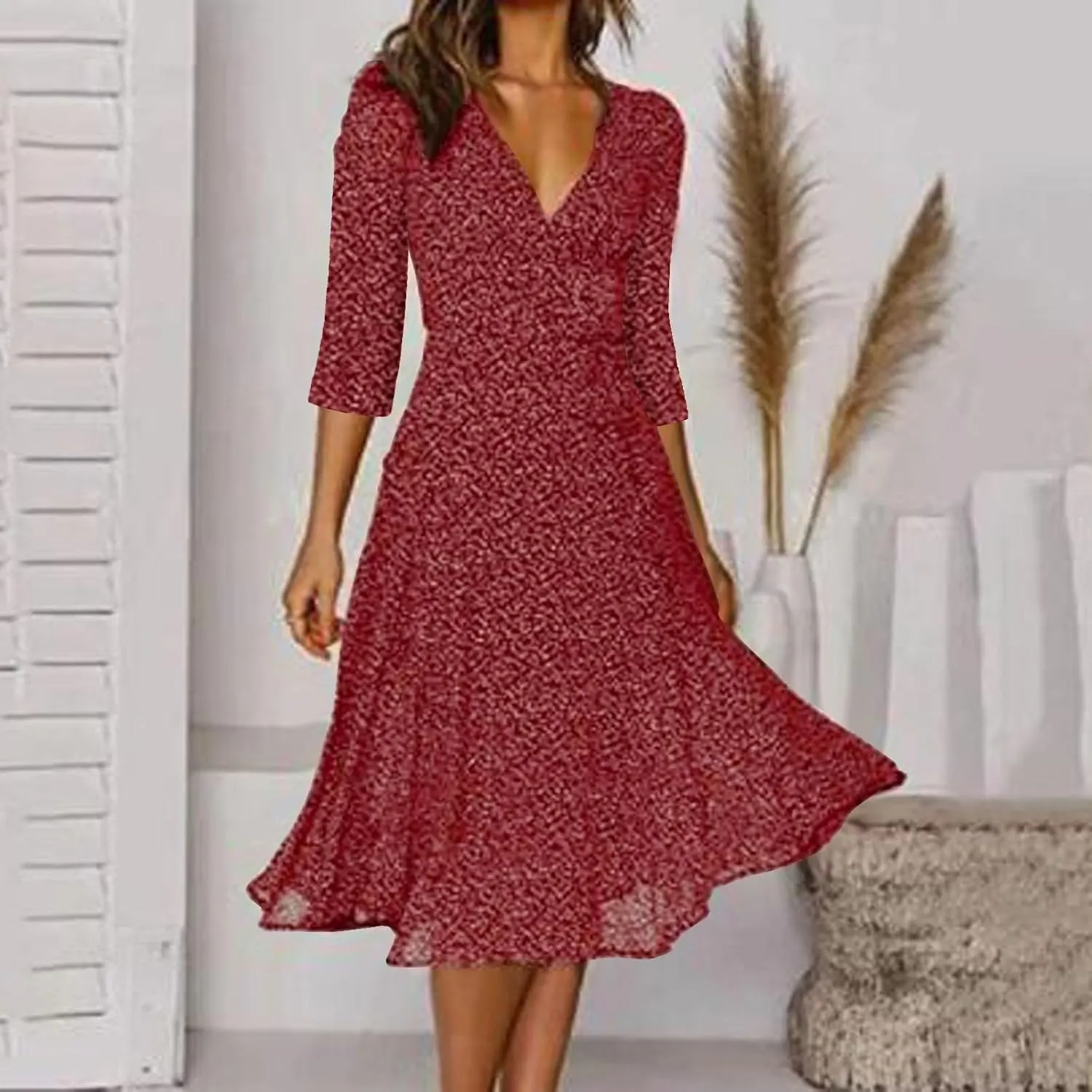Summer Dresses for Women Floral Boho Dress Beach Casual Mid Length Dress Short Sleeve Flowy Elegant Midi Dresses