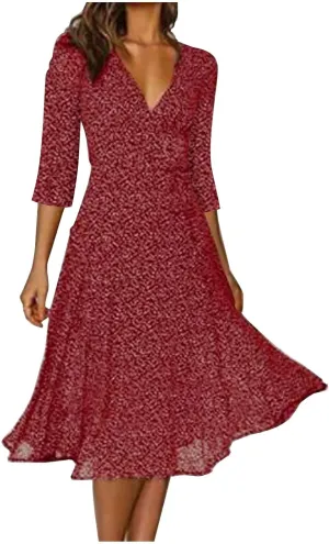 Summer Dresses for Women Floral Boho Dress Beach Casual Mid Length Dress Short Sleeve Flowy Elegant Midi Dresses