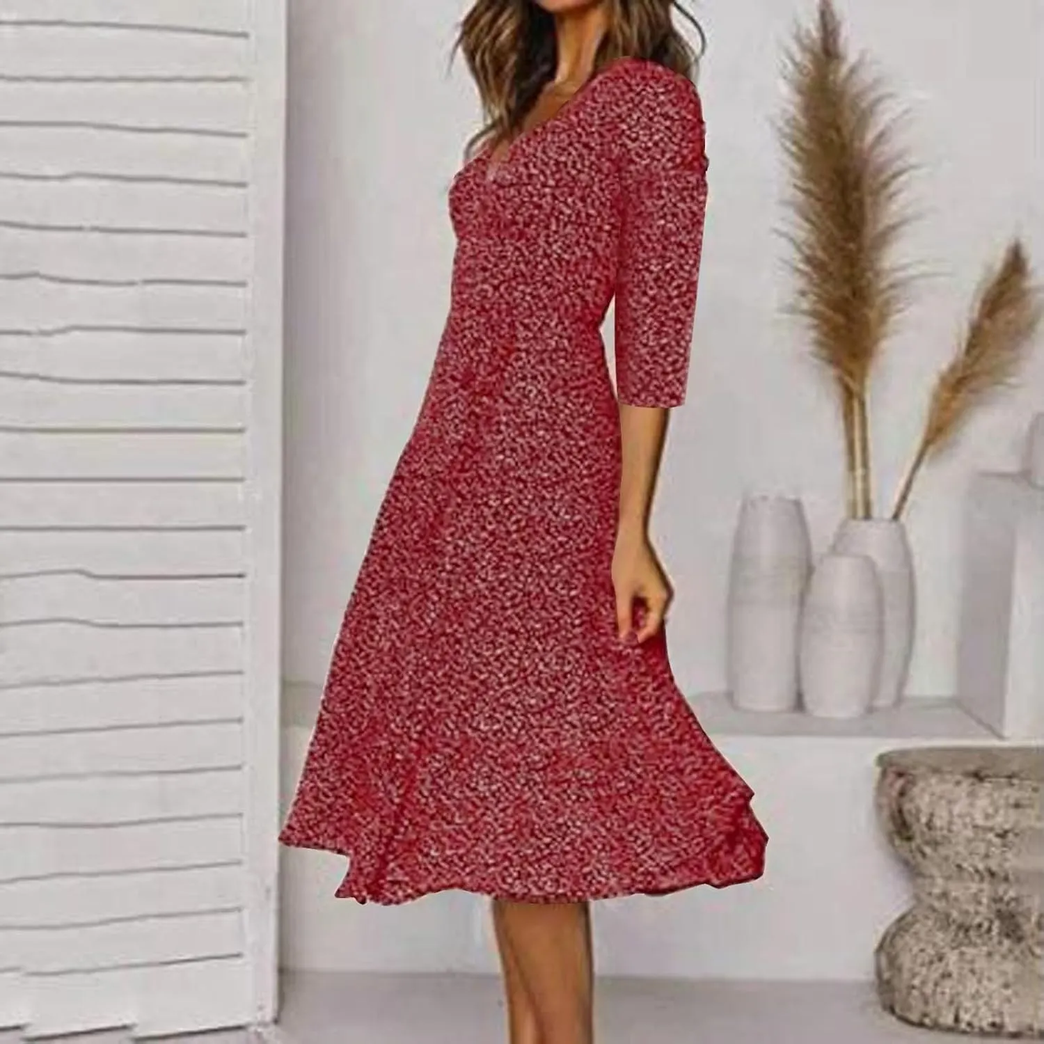 Summer Dresses for Women Floral Boho Dress Beach Casual Mid Length Dress Short Sleeve Flowy Elegant Midi Dresses