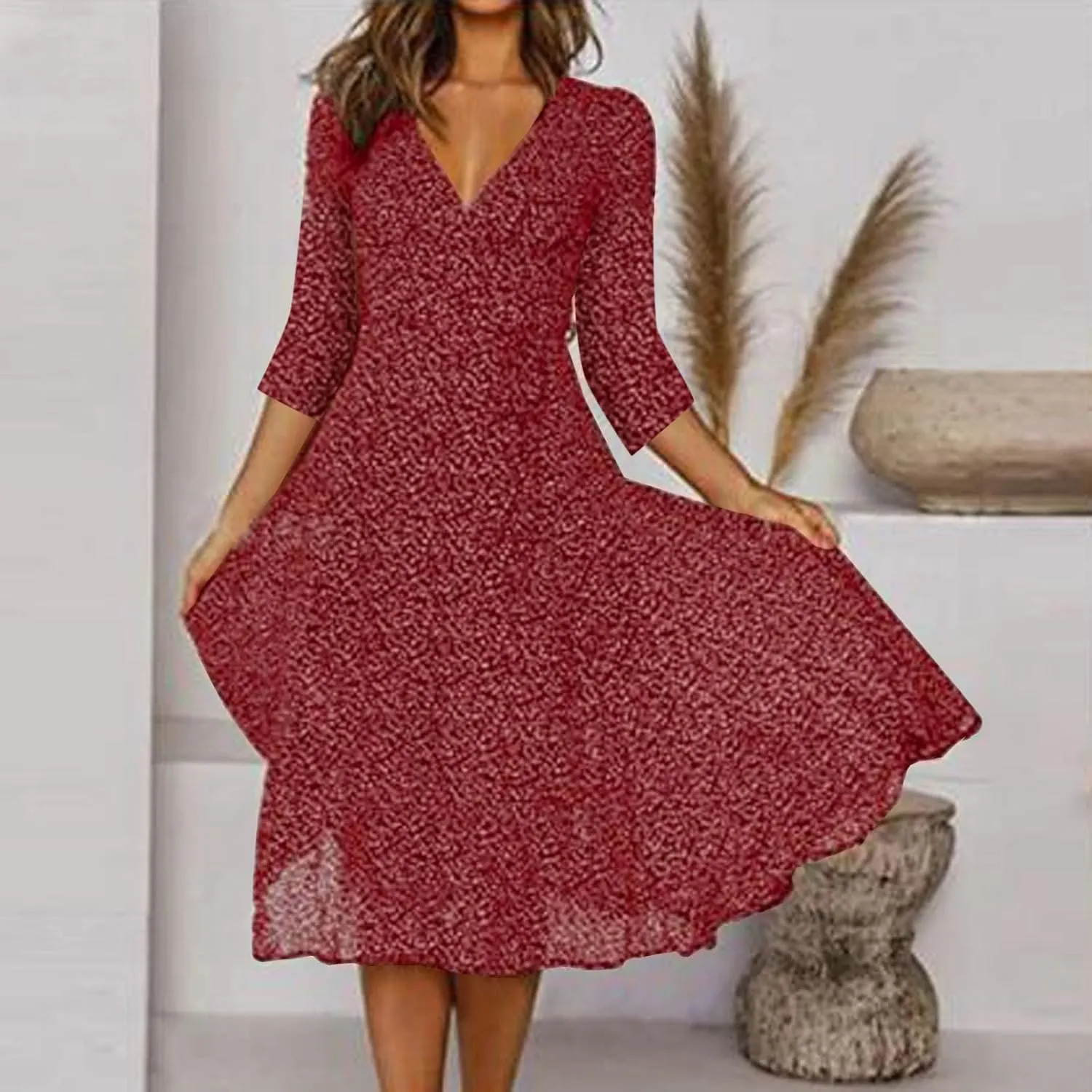 Summer Dresses for Women Floral Boho Dress Beach Casual Mid Length Dress Short Sleeve Flowy Elegant Midi Dresses