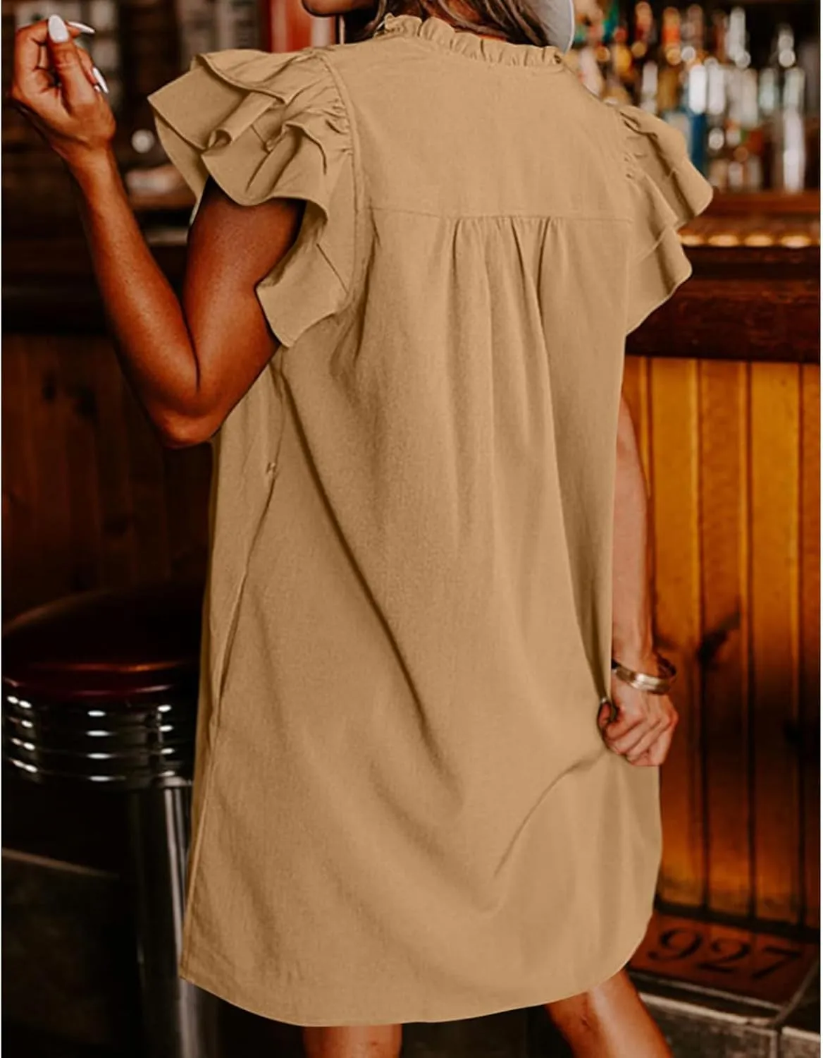 Summer Dresses for Women V Neck Ruffle Short Sleeve Casual Shift Dress Solid Color Straight Loose Fashion Dresses