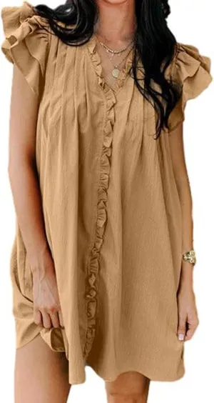 Summer Dresses for Women V Neck Ruffle Short Sleeve Casual Shift Dress Solid Color Straight Loose Fashion Dresses