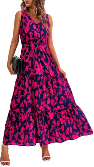 Summer Dresses Long Dresses Sleeveless Boho Dress Floral Dress Work Sun Dresses V Neck Maxi Dress Beach Vacation