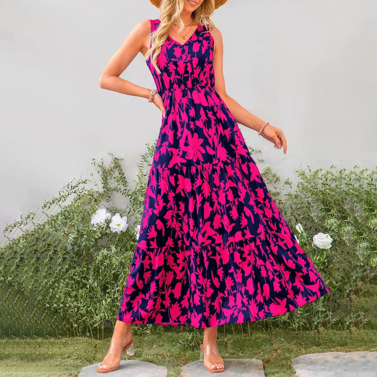 Summer Dresses Long Dresses Sleeveless Boho Dress Floral Dress Work Sun Dresses V Neck Maxi Dress Beach Vacation