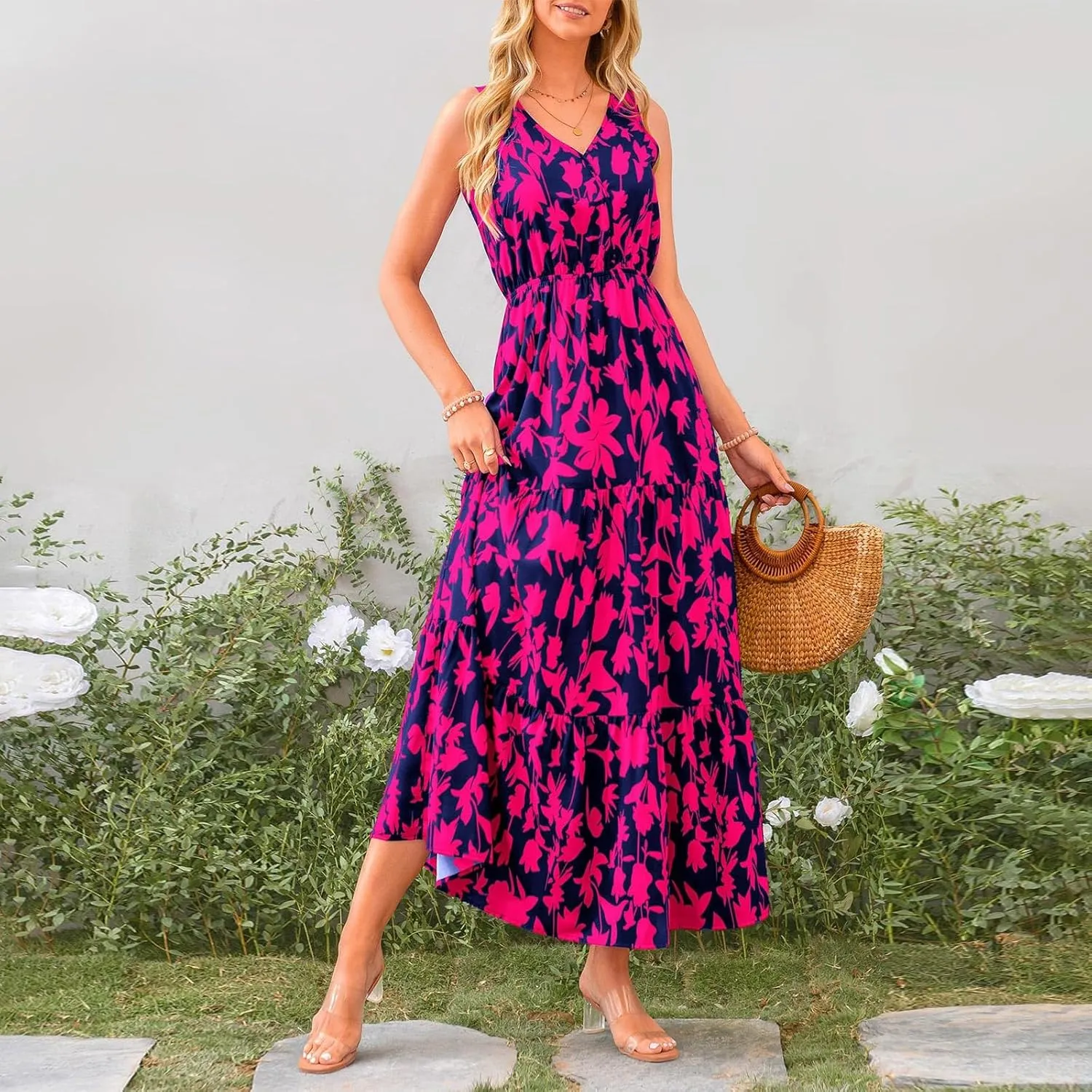 Summer Dresses Long Dresses Sleeveless Boho Dress Floral Dress Work Sun Dresses V Neck Maxi Dress Beach Vacation