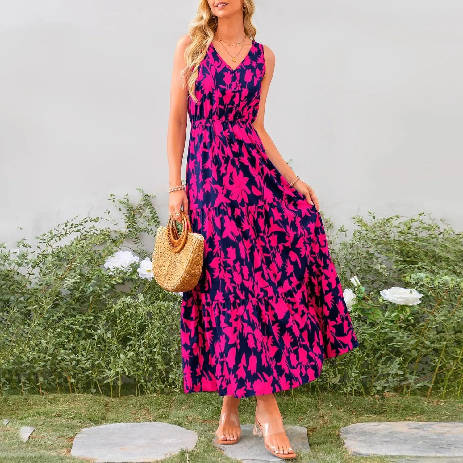 Summer Dresses Long Dresses Sleeveless Boho Dress Floral Dress Work Sun Dresses V Neck Maxi Dress Beach Vacation