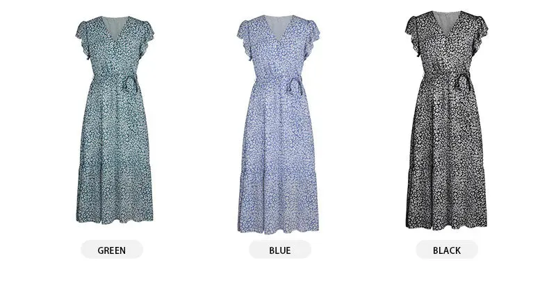 Summer Dresses Ruffle Cap Sleeve V Neck Belt Wrap Split Boho Floral Long Casual Party Beach Dress
