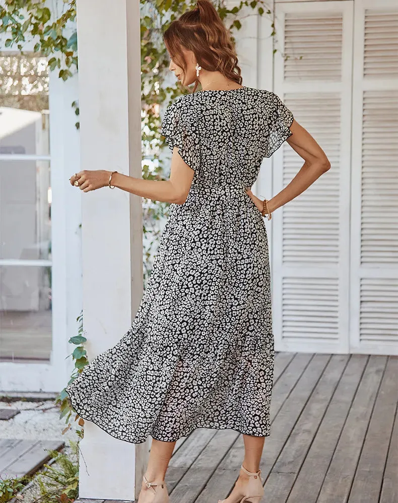 Summer Dresses Ruffle Cap Sleeve V Neck Belt Wrap Split Boho Floral Long Casual Party Beach Dress